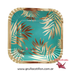 PLATO HOJAS VERDE AGUA Y DORADO x8