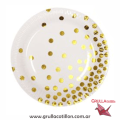PLATO BLANCO CON LUNARES DORADOS x 6 unidades