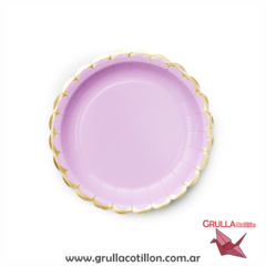 PLATO LILA PASTEL ONDAS DORADAS x8