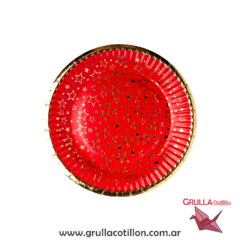 PLATO ROJO ESTRELLITAS DORADAS x8