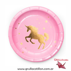PLATO ROSA UNICORNIO METALIZADO x8