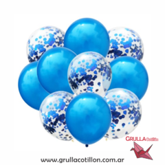 SET GLOBOS CONFETTI AZUL Y PERLADO AZUL FRANCIA x10