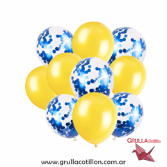SET GLOBOS CONFETTI Y PERLADO AZUL Y AMARILLO x10
