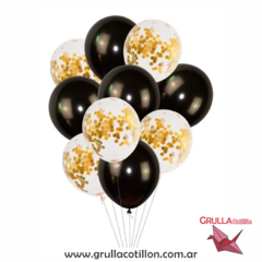 SET GLOBOS CONFETTI Y PERLADO DORADO Y NEGRO x10