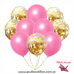 SET GLOBOS CONFETTI Y PERLADO DORADO Y ROSA x10