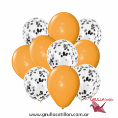 SET GLOBOS CONFETTI NEGRO Y PERLADO NARANJA x10