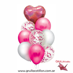 BOUQUET GLOBOS CORAZON ROSA HOLOGRAFICO