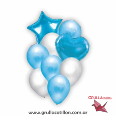 BOUQUET GLOBOS CORAZON Y ESTRELLA CELESTE