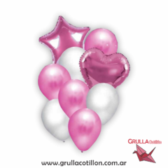 BOUQUET GLOBOS CORAZON Y ESTRELLA ROSA
