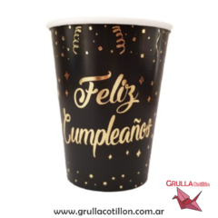 VASO NEGRO FELIZ CUMPLEAÑOS DORADO x8