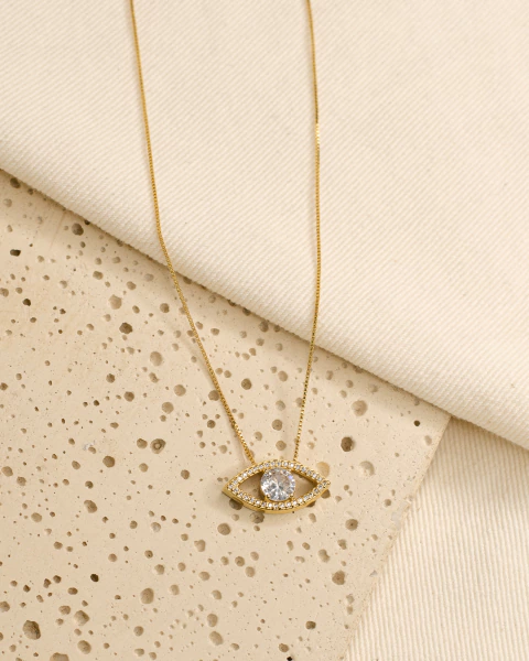 Colar Olho Grego Cravejado Semijoia Banhada Ouro 18K