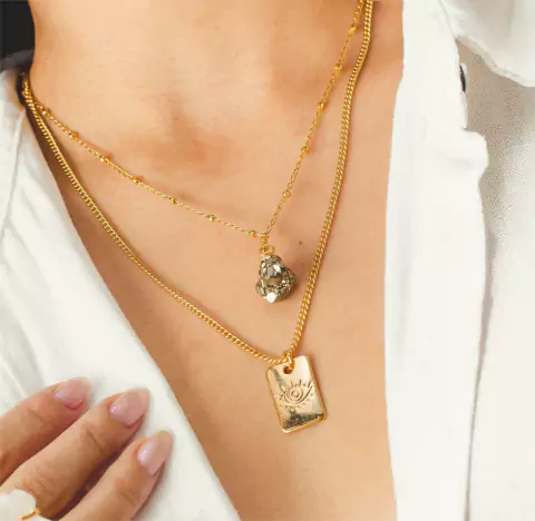 Colar Mix Pirita Olho Grego Banho Ouro 18K