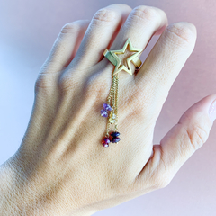 Anel estrela com corrente e pedras ouro 18k - Pratas e Pedras Joalheria