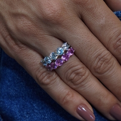 anel MEIA ALIANÇA COM 5 PEDRAS Zirconia Rosa prata 925 na internet