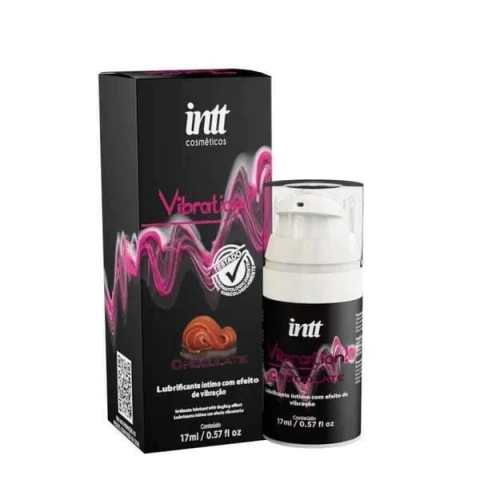 Embalagem e frasco do Excitante Unissex Vibration Intt 17ml sabor chocolate, lubrificante íntimo com efeito de vibração