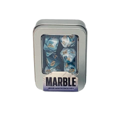 Kit de Dados: Marble - Blue White, Kit com 7 Dados de RPG Marmorizados + Caixa de Metal