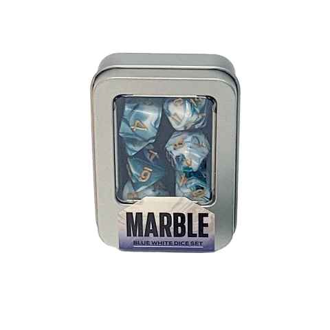 Kit de Dados: Marble - Blue White, Kit com 7 Dados de RPG Marmorizados + Caixa de Metal