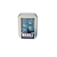 Kit de Dados: Marble - Navy Black, Kit com 7 Dados de RPG Marmorizados + Caixa de Metal