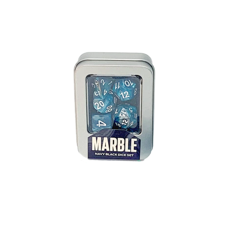 Kit de Dados: Marble - Navy Black, Kit com 7 Dados de RPG Marmorizados + Caixa de Metal