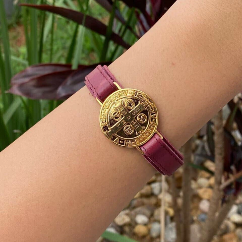 Pulseira Couro de São Bento Metal Dourado - comprar online