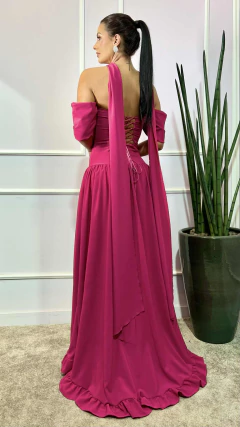 Vestido em Crepe Selenna Pink + Echarpe (Mangas Removíveis) - loja online