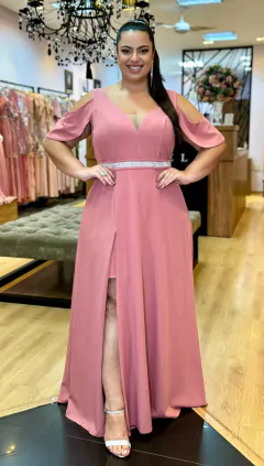 Vestido em Crepe Liz Rose Escuro Plus + Cinto Strass (Mangas e Cinto Removíveis) na internet