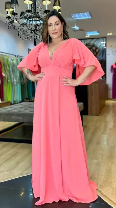 Vestido em Crepe Virgínia Coral Plus (Mangas Removíveis)