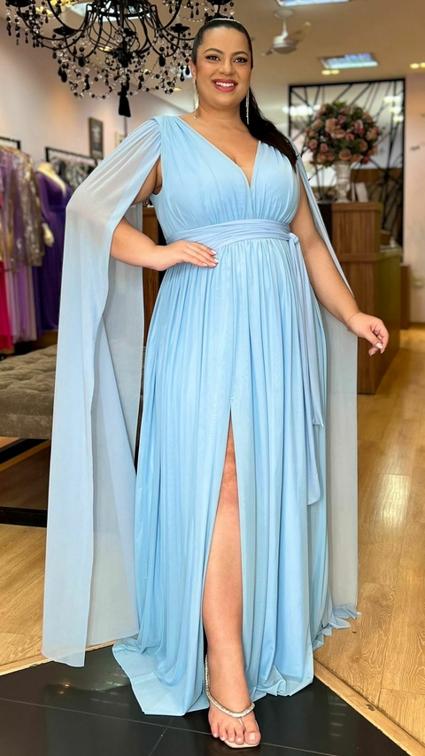 Vestido em Microtule Angelina Azul Serenity Plus (Faixa cintura e Capa Removiveis)