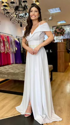 Vestido em Crepe Monique Branco + Cinto Strass (Cinto Removíveis)