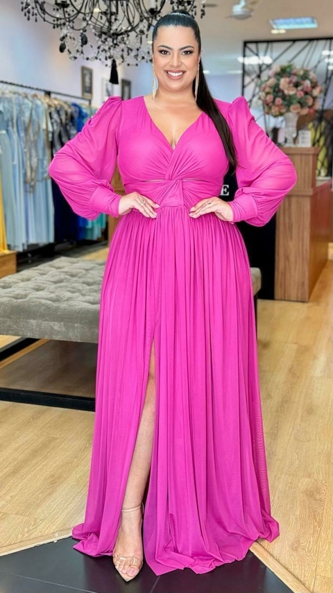 Vestido em tule Gabriele Fúcsia Plus