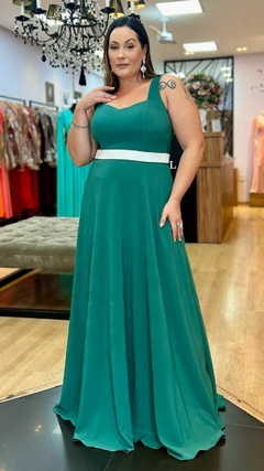 Vestido em Crepe Amalia Verde Escuro Plus + Cinto Strass (Mangas Removíveis) - Babel