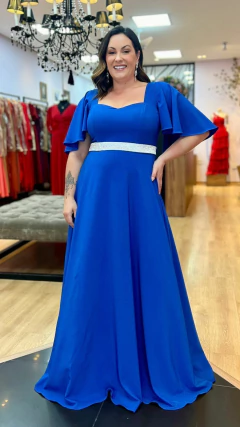 Vestido em Crepe Amalia Azul Royal Plus + Cinto Strass (Mangas e Cinto Removíveis) - Babel