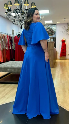 Vestido em Crepe Amalia Azul Royal Plus + Cinto Strass (Mangas e Cinto Removíveis) - loja online