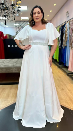 Vestido em Crepe Amalia Branco Plus + Cinto Strass (Mangas e Cinto Removíveis) - Babel