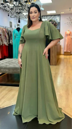 Vestido em Crepe Amalia Verde Oliva Plus (Mangas Removíveis) - Babel