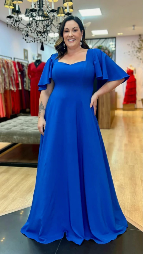 Vestido em Crepe Amalia Azul Royal Plus (Mangas Removíveis) - comprar online