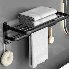 Toallero Doble con Repisa Rebatible con ganchos de Aluminio Negro - comprar online