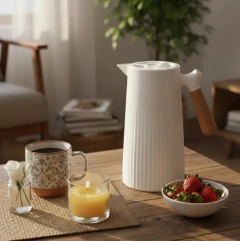 Jarra Termica Nordica Blanca Rayas Con Aza Madera Bambu - Vintash Home