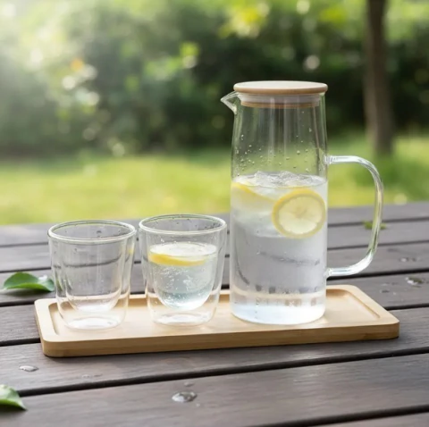 Jarra C/tapa + 2 Vasos Doble Vidrio + Bandeja Bambu - comprar online