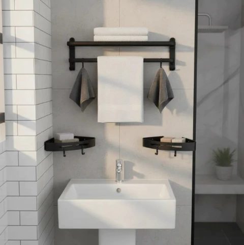 Set Toallero Negro + 2 Repisas Esquinera - comprar online