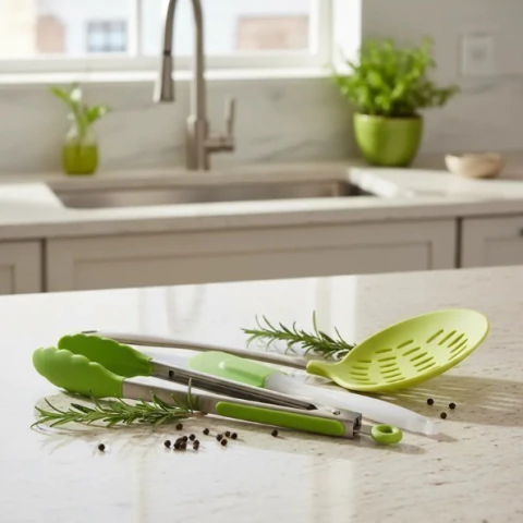 Set Utensilios De Cocina Acero Silicona Acrilico Verde - comprar online