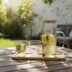 Jarra C/tapa + 2 Vasos Doble Vidrio + Bandeja Bambu - Vintash Home