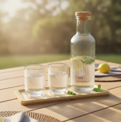 Botella Vidrio C/tapa + 2 Vasos Doble Vidrio + Bandeja Bambu - comprar online