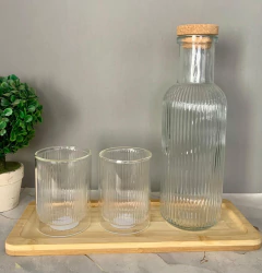 Botella Vidrio C/tapa + 2 Vasos Doble Vidrio + Bandeja Bambu - tienda online