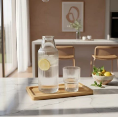 Set Buona Notte Botella Vidrio Con Vaso + Bandeja Bambu para mesa De Noche en internet