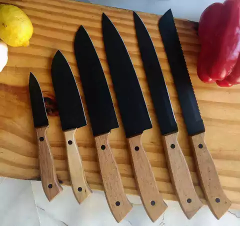 Set Cuchillos De Acero C/recubrimiento Ceramico Mango Madera