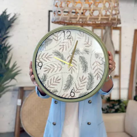 RELOJ PARED FONDO HOJAS VERDE 40 CM