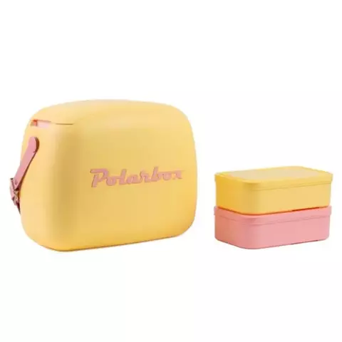 LUNCHERA TERMICA POLARBOX CON DOS TUPPER AMARILLA C/CORREA ROSA