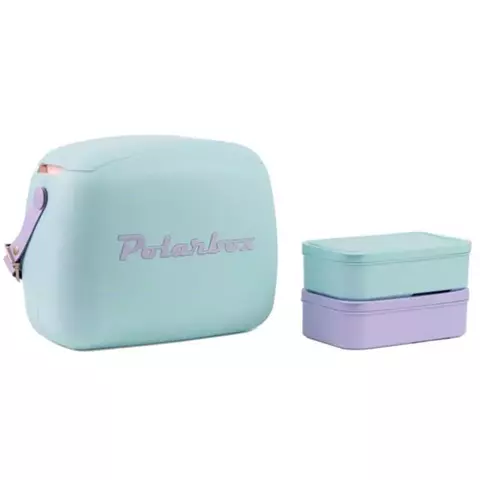 LUNCHERA TERMICA POLARBOX CON DOS TUPPER CELESTE C/CORREA LILA
