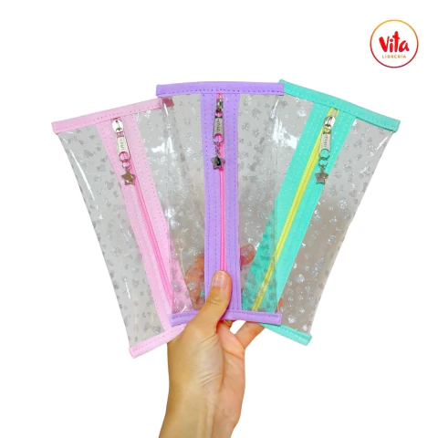 Cartuchera chata cristal con corazones glitter "VERDE" - comprar online